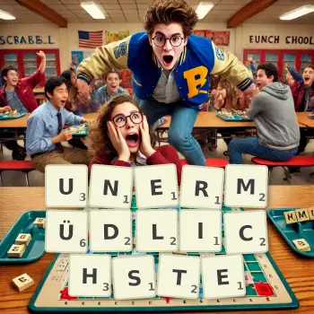 Kreative Illustration für ein Scrabble-Spiel, bei dem das Wort UNERMÜDLICHSTE mit Steinen auf dem Brett gelegt wurde.