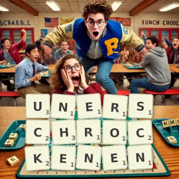 Kreative Illustration für ein Scrabble-Spiel, bei dem das Wort UNERSCHROCKENEN mit Steinen auf dem Brett gelegt wurde.