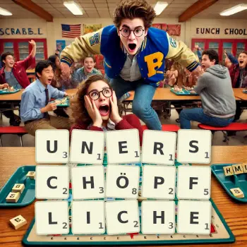 Kreative Illustration für ein Scrabble-Spiel, bei dem das Wort UNERSCHÖPFLICHE mit Steinen auf dem Brett gelegt wurde.