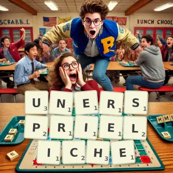 Kreative Illustration für ein Scrabble-Spiel, bei dem das Wort UNERSPRIELICHE mit Steinen auf dem Brett gelegt wurde.