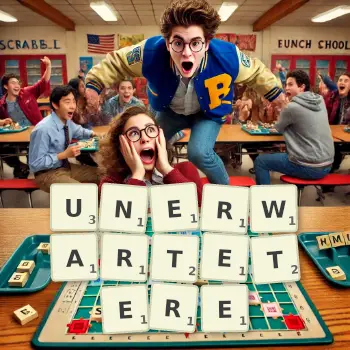 Kreative Illustration für ein Scrabble-Spiel, bei dem das Wort UNERWARTETERE mit Steinen auf dem Brett gelegt wurde.