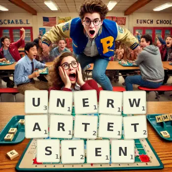 Kreative Illustration für ein Scrabble-Spiel, bei dem das Wort UNERWARTETSTEN mit Steinen auf dem Brett gelegt wurde.
