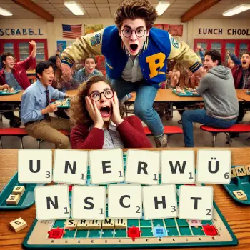 Kreative Illustration für ein Scrabble-Spiel, bei dem das Wort UNERWÜNSCHT mit Steinen auf dem Brett gelegt wurde.