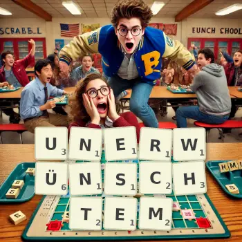 Kreative Illustration für ein Scrabble-Spiel, bei dem das Wort UNERWÜNSCHTEM mit Steinen auf dem Brett gelegt wurde.