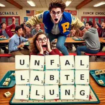 Kreative Illustration für ein Scrabble-Spiel, bei dem das Wort UNFALLABTEILUNG mit Steinen auf dem Brett gelegt wurde.