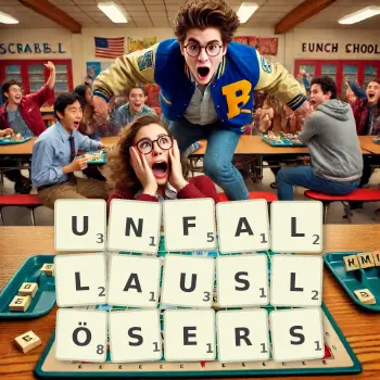 Kreative Illustration für ein Scrabble-Spiel, bei dem das Wort UNFALLAUSLÖSERS mit Steinen auf dem Brett gelegt wurde.