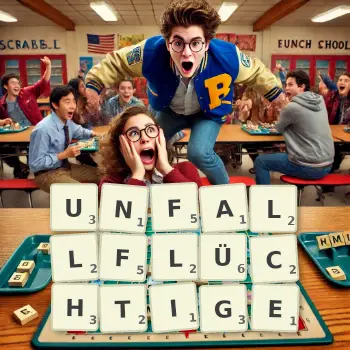 Kreative Illustration für ein Scrabble-Spiel, bei dem das Wort UNFALLFLÜCHTIGE mit Steinen auf dem Brett gelegt wurde.