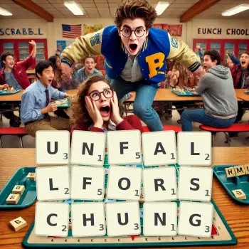 Kreative Illustration für ein Scrabble-Spiel, bei dem das Wort UNFALLFORSCHUNG mit Steinen auf dem Brett gelegt wurde.