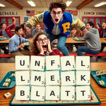 Kreative Illustration für ein Scrabble-Spiel, bei dem das Wort UNFALLMERKBLATT mit Steinen auf dem Brett gelegt wurde.