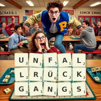 Kreative Illustration für ein Scrabble-Spiel, bei dem das Wort UNFALLRÜCKGANGS mit Steinen auf dem Brett gelegt wurde.