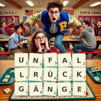 Kreative Illustration für ein Scrabble-Spiel, bei dem das Wort UNFALLRÜCKGÄNGE mit Steinen auf dem Brett gelegt wurde.