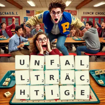 Kreative Illustration für ein Scrabble-Spiel, bei dem das Wort UNFALLTRÄCHTIGE mit Steinen auf dem Brett gelegt wurde.