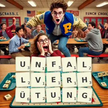 Kreative Illustration für ein Scrabble-Spiel, bei dem das Wort UNFALLVERHÜTUNG mit Steinen auf dem Brett gelegt wurde.