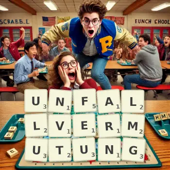 Kreative Illustration für ein Scrabble-Spiel, bei dem das Wort UNFALLVERMUTUNG mit Steinen auf dem Brett gelegt wurde.