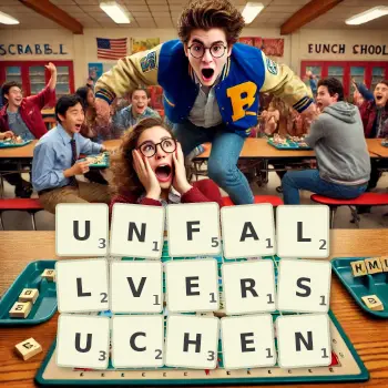 Kreative Illustration für ein Scrabble-Spiel, bei dem das Wort UNFALLVERSUCHEN mit Steinen auf dem Brett gelegt wurde.