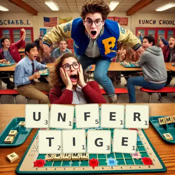 Kreative Illustration für ein Scrabble-Spiel, bei dem das Wort UNFERTIGE mit Steinen auf dem Brett gelegt wurde.