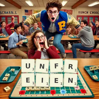 Kreative Illustration für ein Scrabble-Spiel, bei dem das Wort UNFREIEN mit Steinen auf dem Brett gelegt wurde.