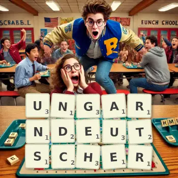 Kreative Illustration für ein Scrabble-Spiel, bei dem das Wort UNGARNDEUTSCHER mit Steinen auf dem Brett gelegt wurde.