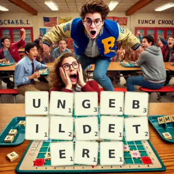 Kreative Illustration für ein Scrabble-Spiel, bei dem das Wort UNGEBILDETERE mit Steinen auf dem Brett gelegt wurde.