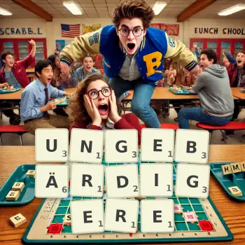 Kreative Illustration für ein Scrabble-Spiel, bei dem das Wort UNGEBÄRDIGERE mit Steinen auf dem Brett gelegt wurde.