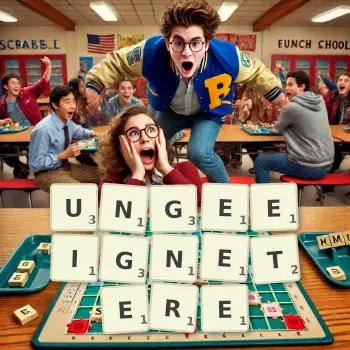 Kreative Illustration für ein Scrabble-Spiel, bei dem das Wort UNGEEIGNETERE mit Steinen auf dem Brett gelegt wurde.