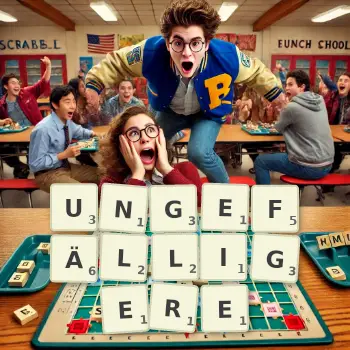 Kreative Illustration für ein Scrabble-Spiel, bei dem das Wort UNGEFÄLLIGERE mit Steinen auf dem Brett gelegt wurde.