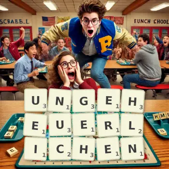 Kreative Illustration für ein Scrabble-Spiel, bei dem das Wort UNGEHEUERLICHEN mit Steinen auf dem Brett gelegt wurde.