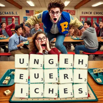 Kreative Illustration für ein Scrabble-Spiel, bei dem das Wort UNGEHEUERLICHES mit Steinen auf dem Brett gelegt wurde.