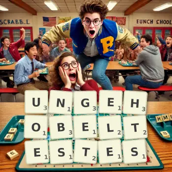 Kreative Illustration für ein Scrabble-Spiel, bei dem das Wort UNGEHOBELTESTES mit Steinen auf dem Brett gelegt wurde.