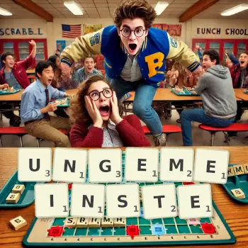 Kreative Illustration für ein Scrabble-Spiel, bei dem das Wort UNGEMEINSTE mit Steinen auf dem Brett gelegt wurde.