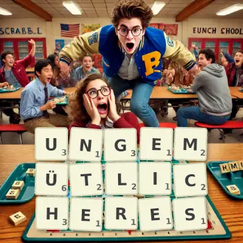 Kreative Illustration für ein Scrabble-Spiel, bei dem das Wort UNGEMÜTLICHERES mit Steinen auf dem Brett gelegt wurde.