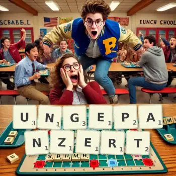 Kreative Illustration für ein Scrabble-Spiel, bei dem das Wort UNGEPANZERT mit Steinen auf dem Brett gelegt wurde.