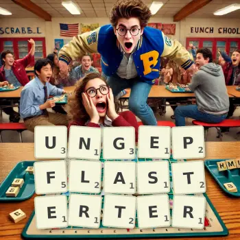 Kreative Illustration für ein Scrabble-Spiel, bei dem das Wort UNGEPFLASTERTER mit Steinen auf dem Brett gelegt wurde.