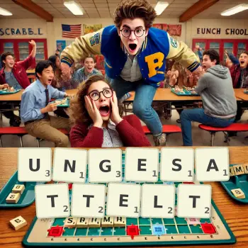 Kreative Illustration für ein Scrabble-Spiel, bei dem das Wort UNGESATTELT mit Steinen auf dem Brett gelegt wurde.