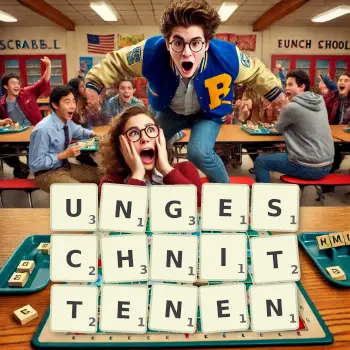 Kreative Illustration für ein Scrabble-Spiel, bei dem das Wort UNGESCHNITTENEN mit Steinen auf dem Brett gelegt wurde.