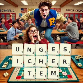 Kreative Illustration für ein Scrabble-Spiel, bei dem das Wort UNGESICHERTEM mit Steinen auf dem Brett gelegt wurde.