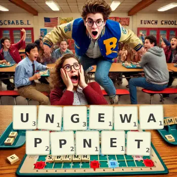 Kreative Illustration für ein Scrabble-Spiel, bei dem das Wort UNGEWAPPNET mit Steinen auf dem Brett gelegt wurde.