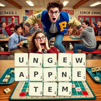 Kreative Illustration für ein Scrabble-Spiel, bei dem das Wort UNGEWAPPNETEM mit Steinen auf dem Brett gelegt wurde.