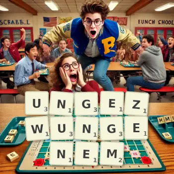 Kreative Illustration für ein Scrabble-Spiel, bei dem das Wort UNGEZWUNGENEM mit Steinen auf dem Brett gelegt wurde.