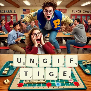 Kreative Illustration für ein Scrabble-Spiel, bei dem das Wort UNGIFTIGE mit Steinen auf dem Brett gelegt wurde.