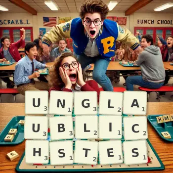 Kreative Illustration für ein Scrabble-Spiel, bei dem das Wort UNGLAUBLICHSTES mit Steinen auf dem Brett gelegt wurde.