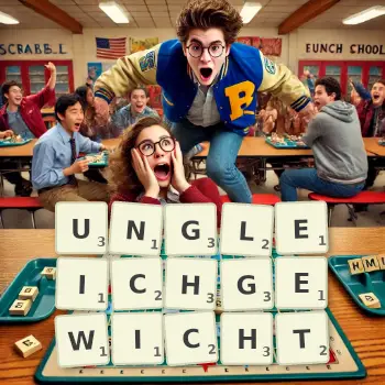 Kreative Illustration für ein Scrabble-Spiel, bei dem das Wort UNGLEICHGEWICHT mit Steinen auf dem Brett gelegt wurde.