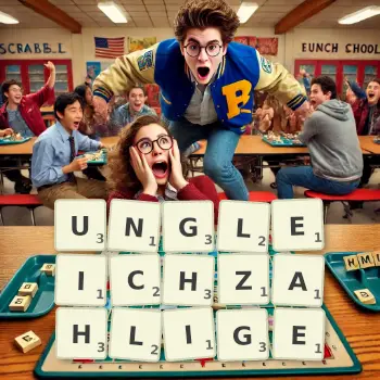 Kreative Illustration für ein Scrabble-Spiel, bei dem das Wort UNGLEICHZAHLIGE mit Steinen auf dem Brett gelegt wurde.