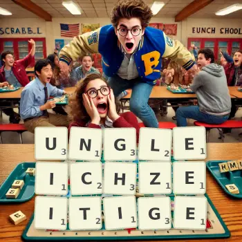 Kreative Illustration für ein Scrabble-Spiel, bei dem das Wort UNGLEICHZEITIGE mit Steinen auf dem Brett gelegt wurde.