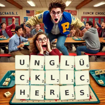 Kreative Illustration für ein Scrabble-Spiel, bei dem das Wort UNGLÜCKLICHERES mit Steinen auf dem Brett gelegt wurde.