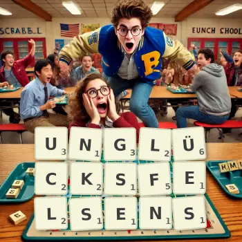 Kreative Illustration für ein Scrabble-Spiel, bei dem das Wort UNGLÜCKSFELSENS mit Steinen auf dem Brett gelegt wurde.