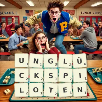 Kreative Illustration für ein Scrabble-Spiel, bei dem das Wort UNGLÜCKSPILOTEN mit Steinen auf dem Brett gelegt wurde.