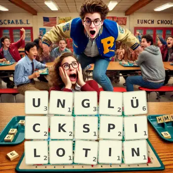 Kreative Illustration für ein Scrabble-Spiel, bei dem das Wort UNGLÜCKSPILOTIN mit Steinen auf dem Brett gelegt wurde.