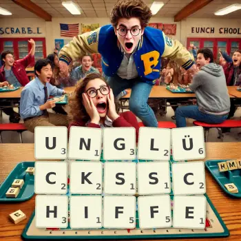 Kreative Illustration für ein Scrabble-Spiel, bei dem das Wort UNGLÜCKSSCHIFFE mit Steinen auf dem Brett gelegt wurde.