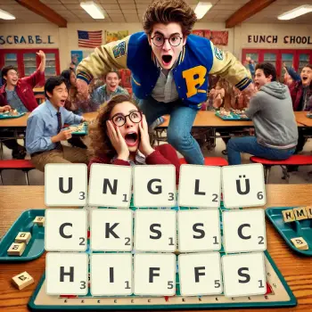 Kreative Illustration für ein Scrabble-Spiel, bei dem das Wort UNGLÜCKSSCHIFFS mit Steinen auf dem Brett gelegt wurde.